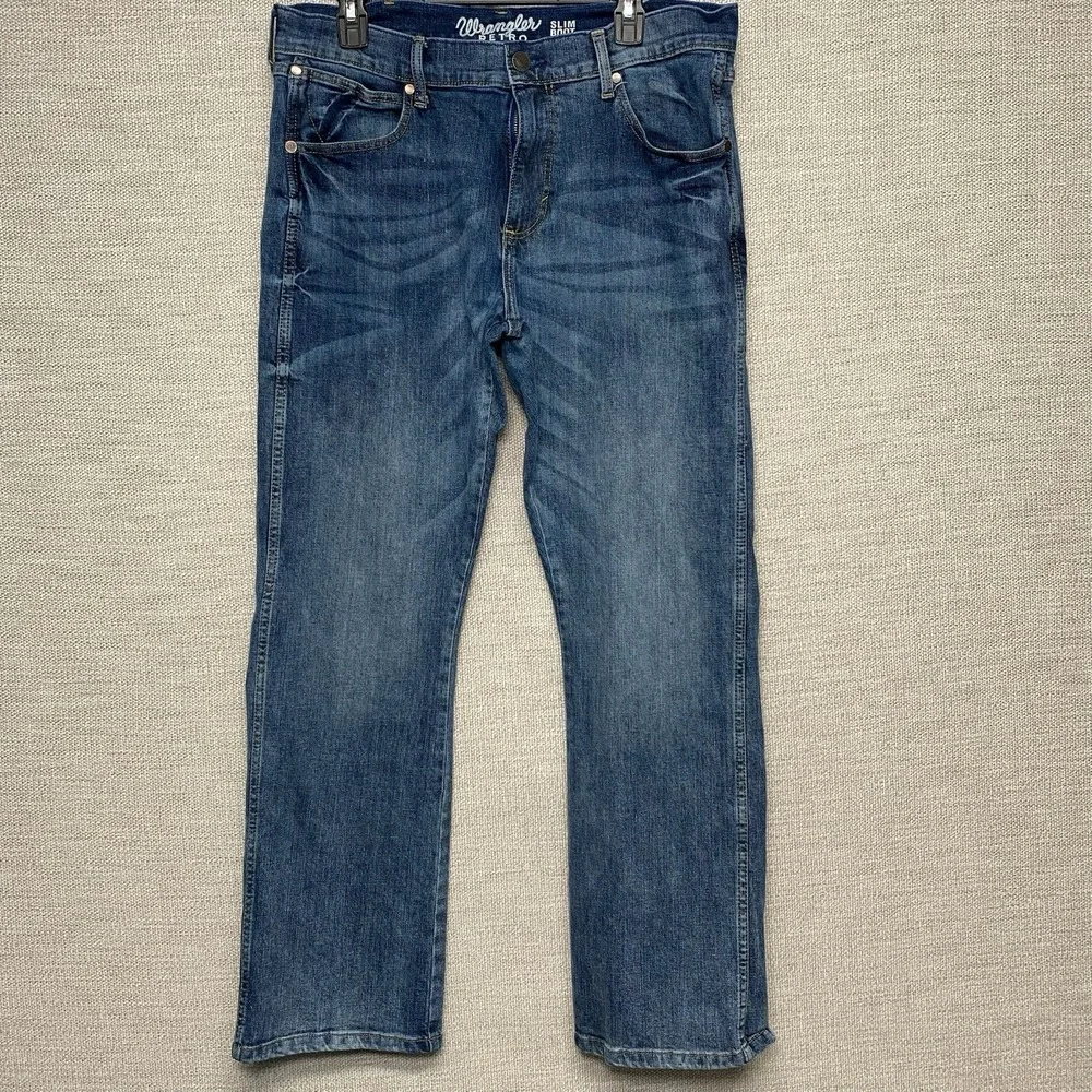 Wrangler Retro Slim Boot 34x32 (35x31.5) Mens Medium Wash Whiskering Western - Picture 2 of 6